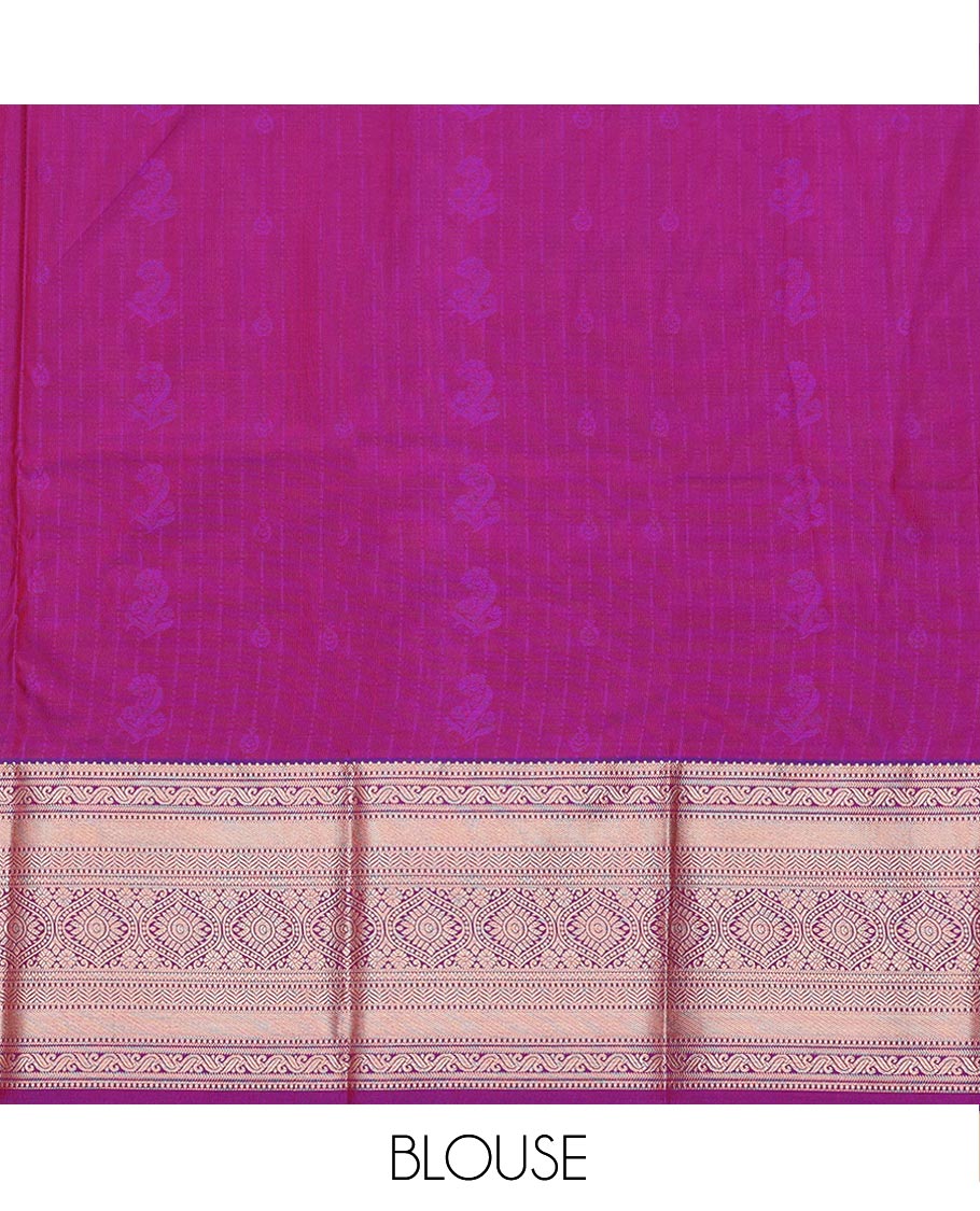Red Art Silk Pavadai Material Set, Beautified with Zari Designs on Its Skirt, Complemented by a Contrast Traditional Zari Design Border, and Paired with a Contrast Blouse - Image 4