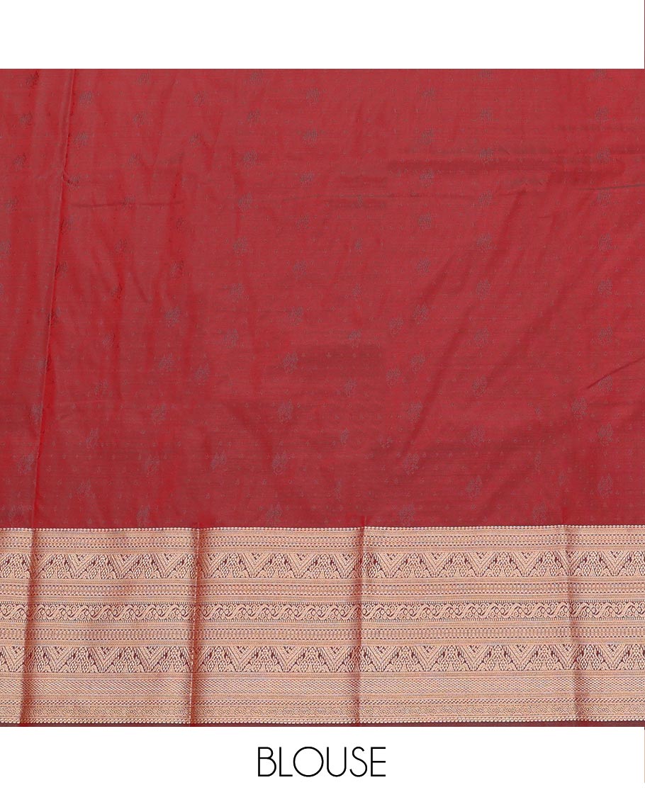 Red Art Silk Pavadai Material Set, Uniquely Detailed with Zari Buttas on Its Skirt, Complemented by a Contrast Traditional Zari Design Border, and Paired with a Contrast Blouse - Image 4