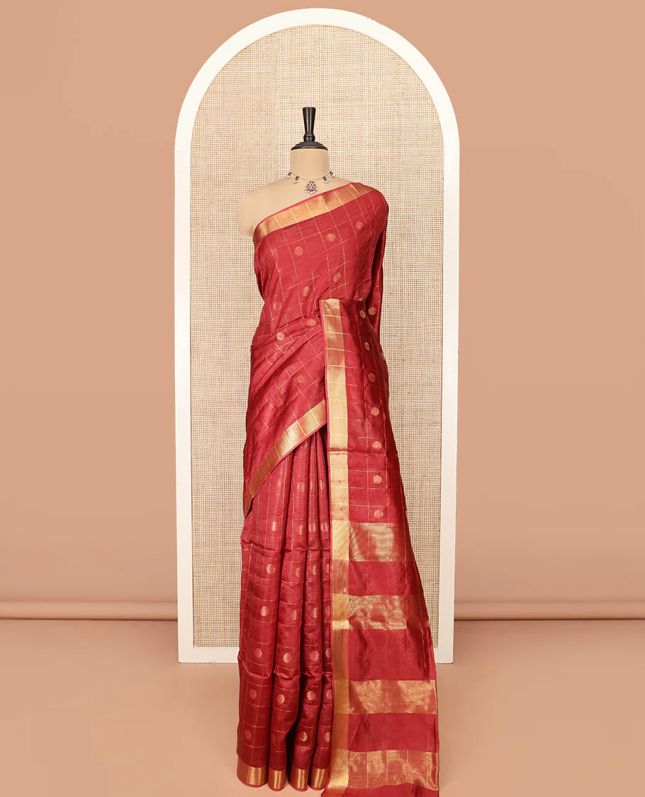 Red Banana Pith Saree Mesmerized with Polka Dot Buttas Enclosed Checks, Subtle Zari Border, Gleaming Zari Stripes Woven Pallu, and Paired with a Matching Plain Blouse - Image 3