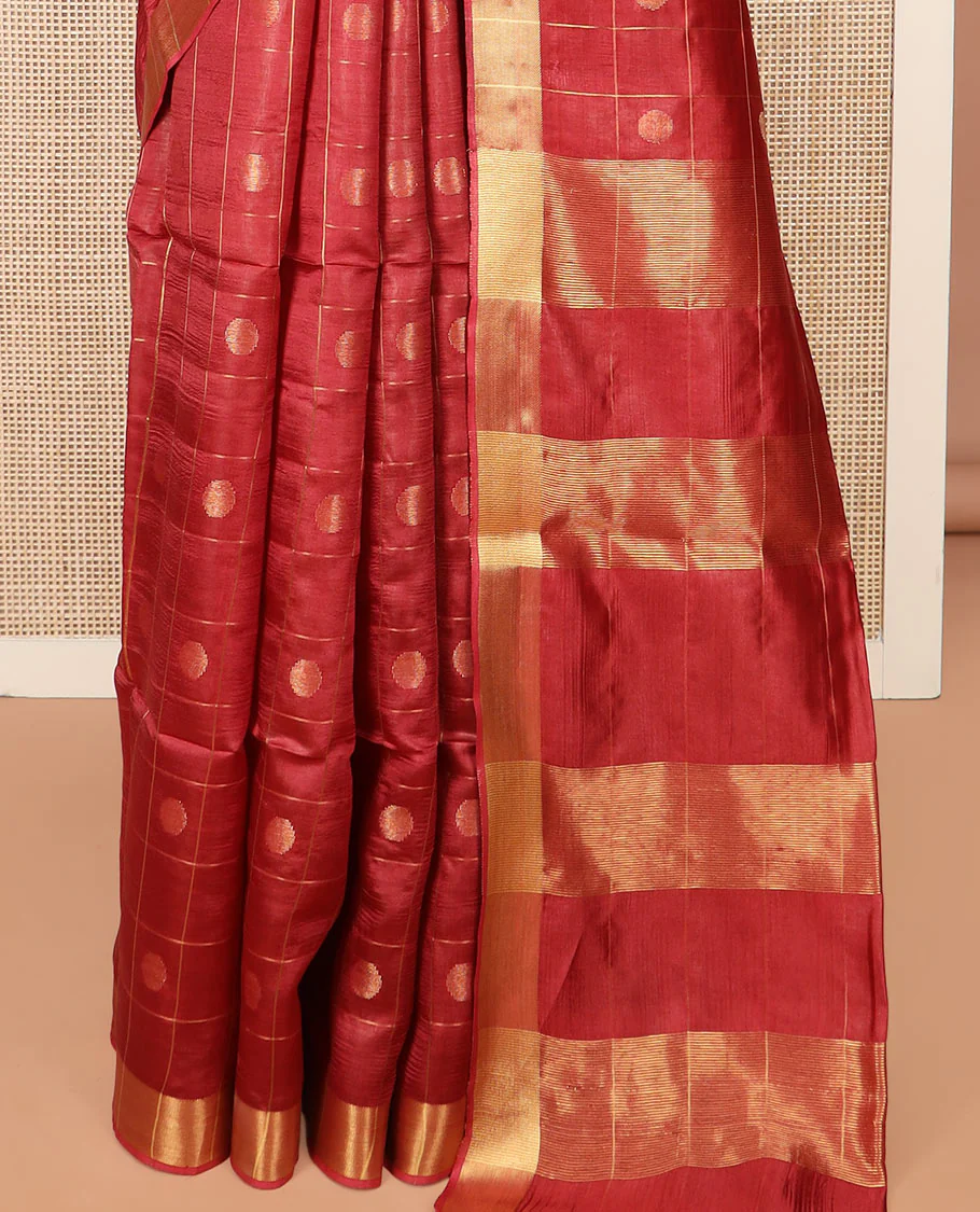Red Banana Pith Saree Mesmerized with Polka Dot Buttas Enclosed Checks, Subtle Zari Border, Gleaming Zari Stripes Woven Pallu, and Paired with a Matching Plain Blouse - Image 4
