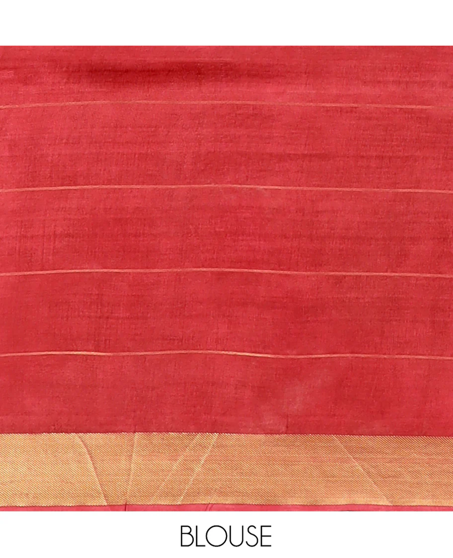 Red Banana Pith Saree Mesmerized with Polka Dot Buttas Enclosed Checks, Subtle Zari Border, Gleaming Zari Stripes Woven Pallu, and Paired with a Matching Plain Blouse - Image 5