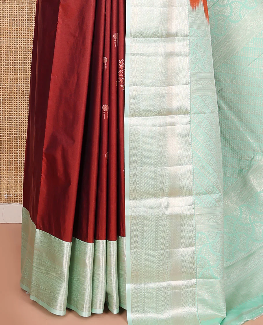 Red Budget Silk Saree, Prettified with Zari Buttas All Over Its Body, Complemented by a Contrast Traditional Zari Designs Woven Border, Opulently Embellished Pallu, and Paired with a Contrast Blouse - Image 3