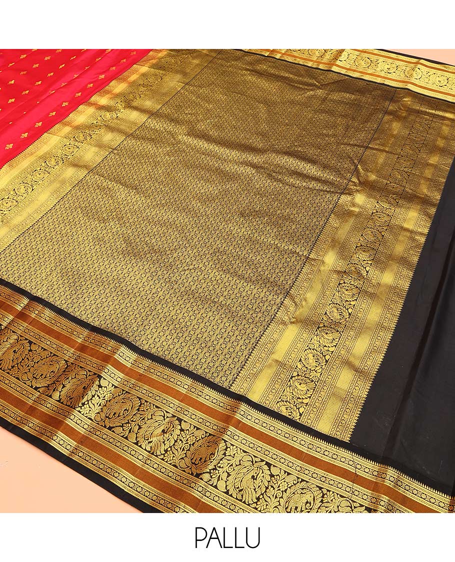Red buttas Bangalore silk saree, contrast traditional zari border of peacocks, and pallu steeped with floral designs - Image 5