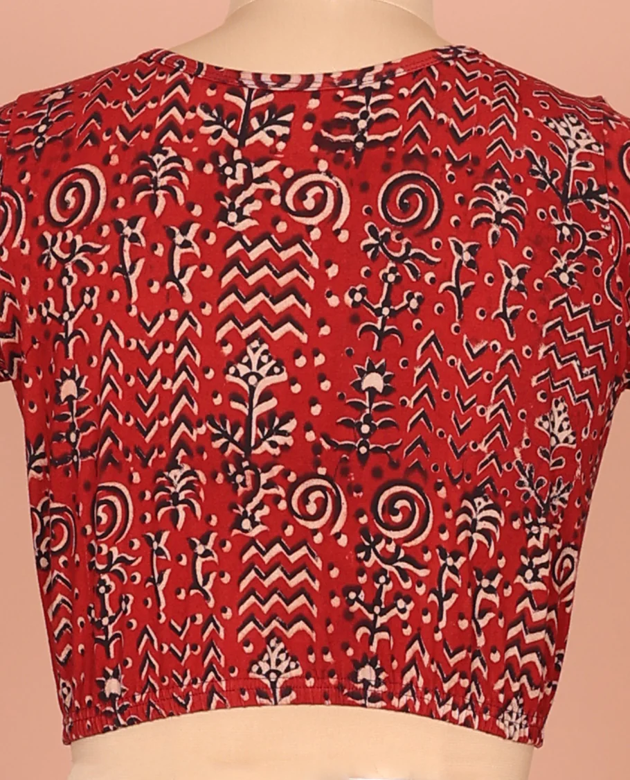 Red Cotton Readymade Blouse Adorned with All-Over Floral and Geometric Motifs Print, Featuring a Front Round-Neck, a Back Round Neck, and Elbow Sleeves - Image 4