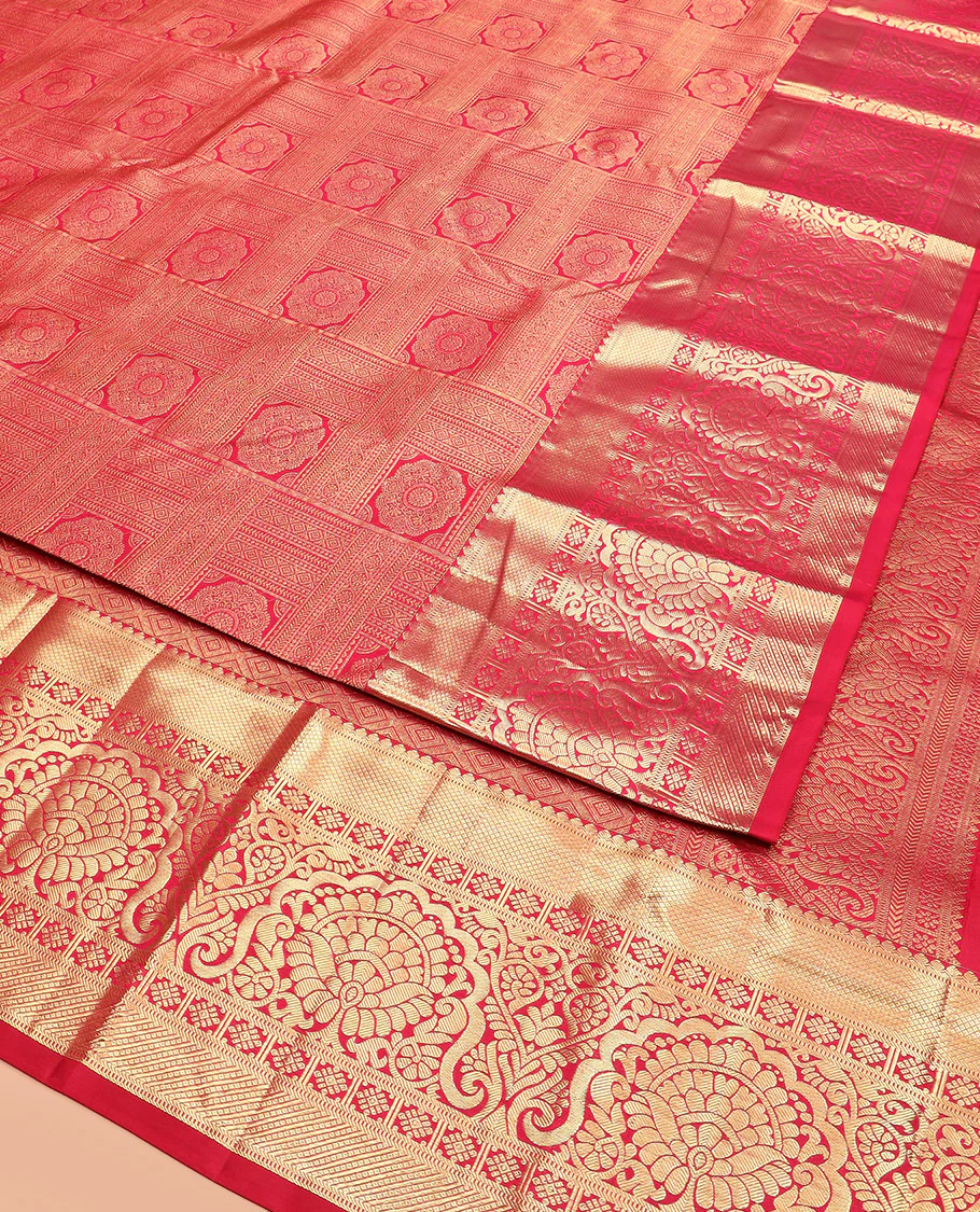 Red Kanchipuram Silk Saree Artfully Detailed with Jacquard Design, Highlighted with Zari Border of Thilakam, Muthu, Mayil Kann, Diamond, and Kamalam Designs, Gracefully Embellished Pallu, and Paired with a Matching Blouse - Image 3