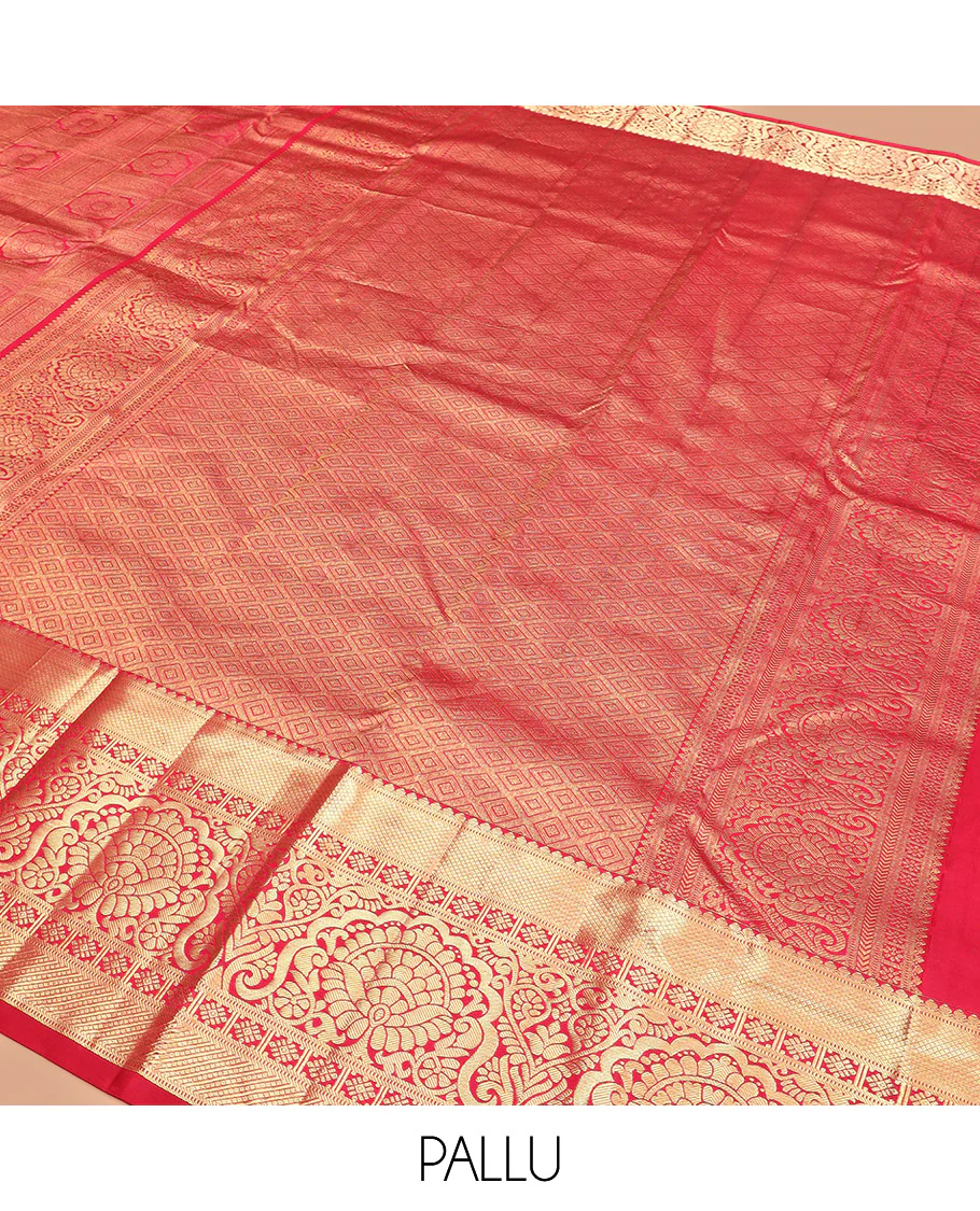 Red Kanchipuram Silk Saree Artfully Detailed with Jacquard Design, Highlighted with Zari Border of Thilakam, Muthu, Mayil Kann, Diamond, and Kamalam Designs, Gracefully Embellished Pallu, and Paired with a Matching Blouse - Image 5