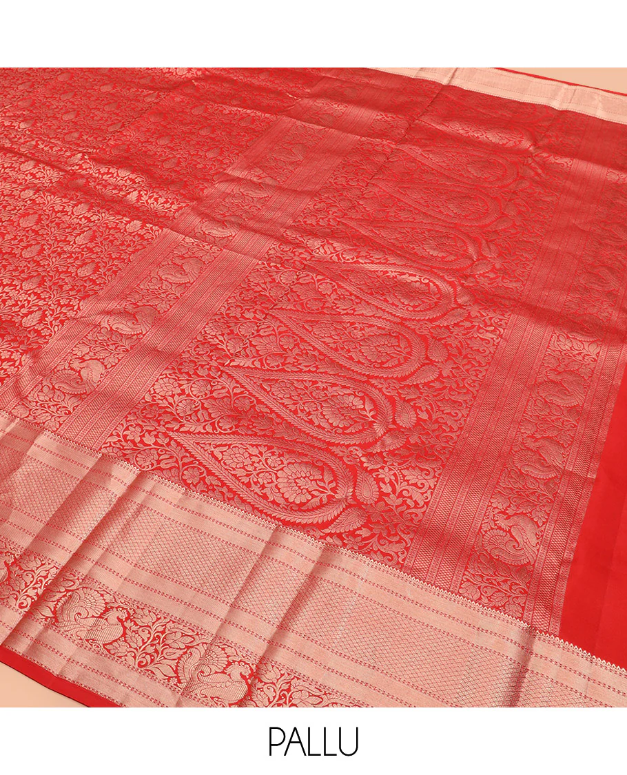 Red Kanchipuram Silk Saree Meticulously Designed with Floral Jaal Jacquard Design, Highlighted by Zari Border of Thilakam, Mayil Kann, Neli, and Mayil Designs, Gracefully Embellished Pallu, and Paired with a Matching Blouse - Image 5