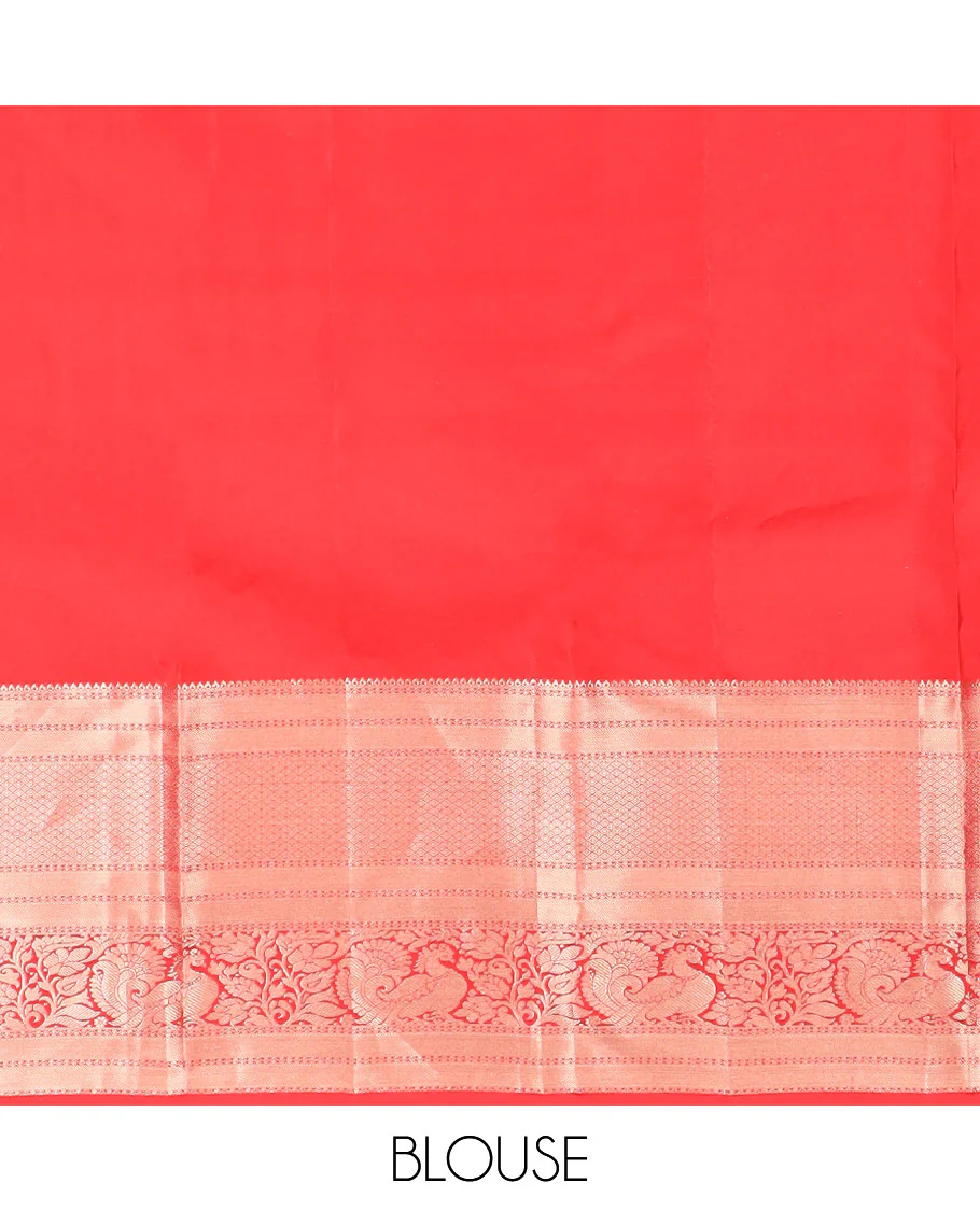 Red Kanchipuram Silk Saree Meticulously Designed with Floral Jaal Jacquard Design, Highlighted by Zari Border of Thilakam, Mayil Kann, Neli, and Mayil Designs, Gracefully Embellished Pallu, and Paired with a Matching Blouse - Image 6