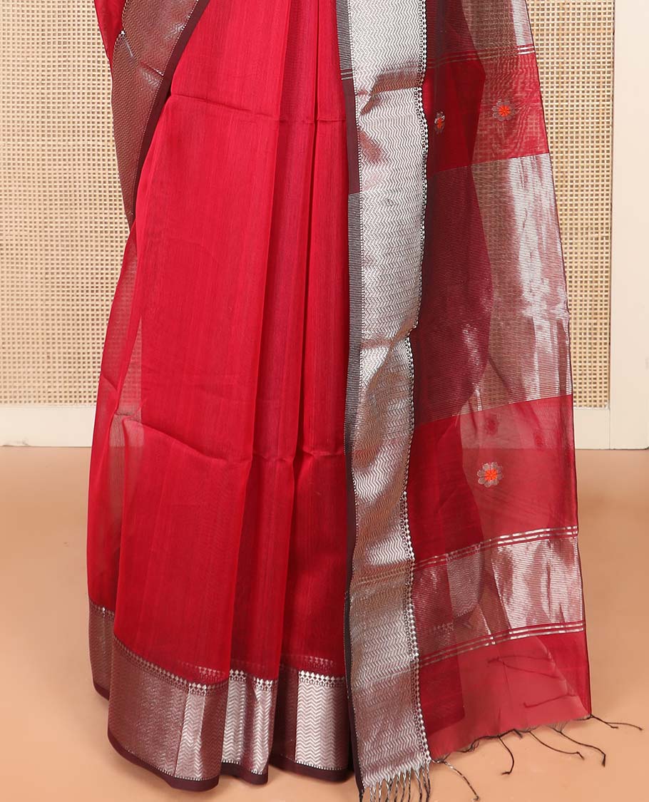 Red Maheshwari Cotton Saree Bedecked with Floral Zari Buttas, Graced with Contrast Chevron Striped Zari Border, Pallu Elevated with Zari Stripes, and Paired with a Matching Blouse - Image 4