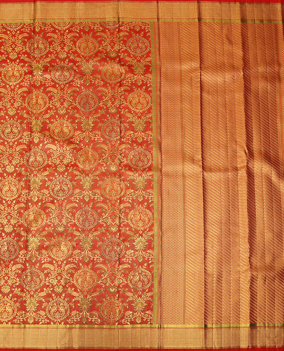 Red meenakari zari jacquard Samudrika silk saree, zari border of muthu & kuyil kann designs & geometric patterned pallu - Image 3