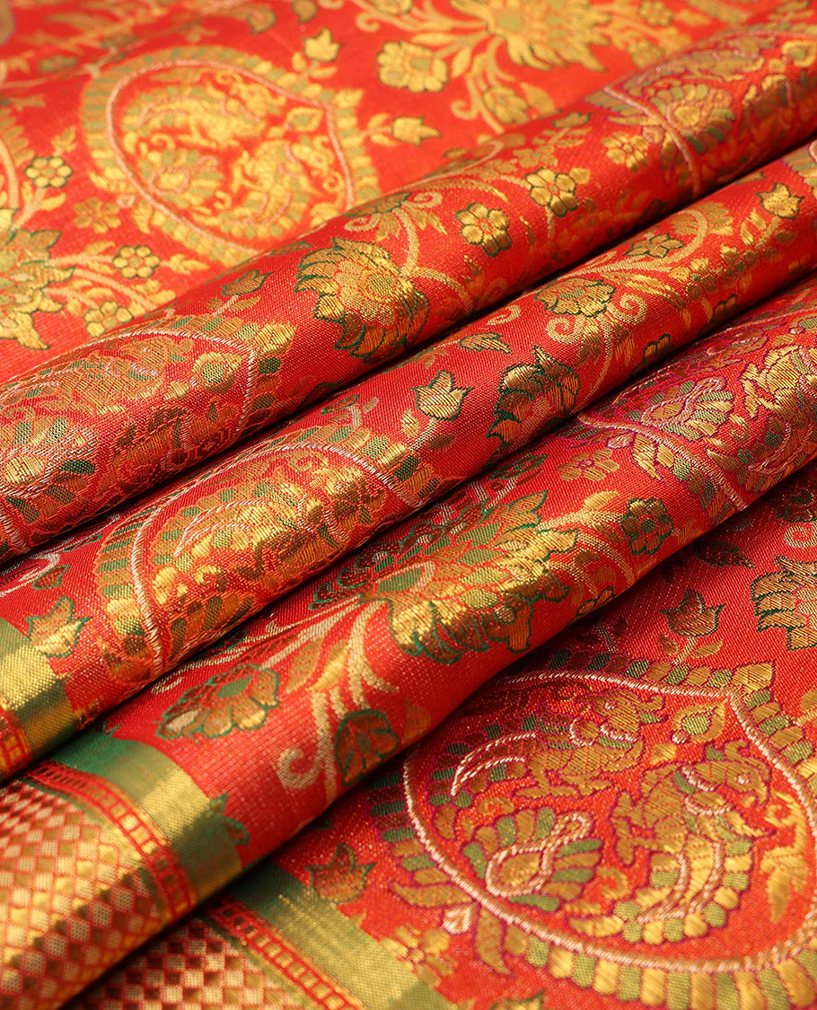 Red meenakari zari jacquard Samudrika silk saree, zari border of muthu & kuyil kann designs & geometric patterned pallu - Image 4