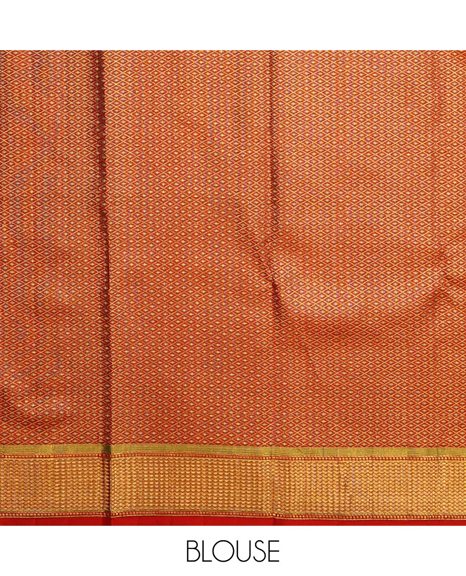 Red meenakari zari jacquard Samudrika silk saree, zari border of muthu & kuyil kann designs & geometric patterned pallu - Image 7