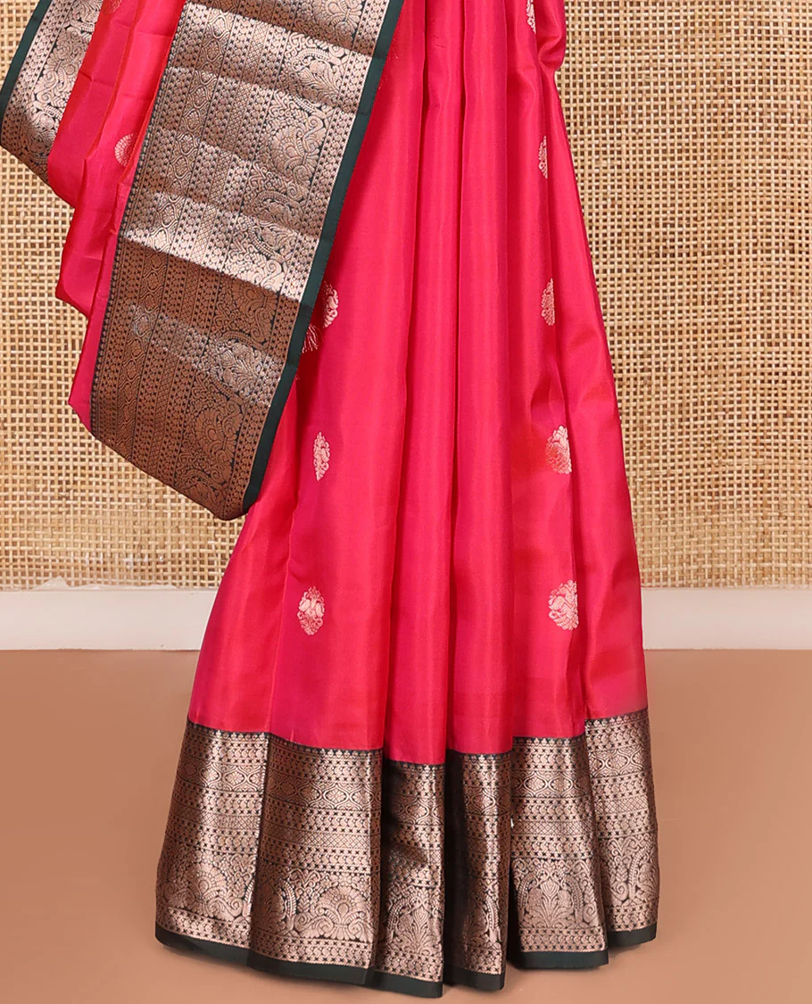 Red Vasundhara Silk Saree Accentuated with Zari Buttas All Over Its Body, Highlighted with a Contrast Border of Traditional Zari Designs, Pallu Delicately Woven with Jaal Designs, and Paired with a Contrast Blouse - Image 4