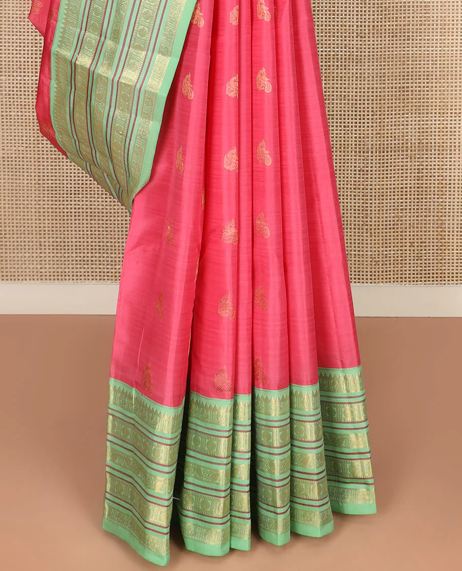 Red Vasundhara Silk Saree Subtly Woven with Zari Buttas, Complemented by a Contrast Varisai Pettu Border of Rekku, Mayil, Rudraksham, and Manga Designs, Pallu Adorned with Traditional Designs, and Paired with a Contrast Zari-Bordered Blouse - Image 4