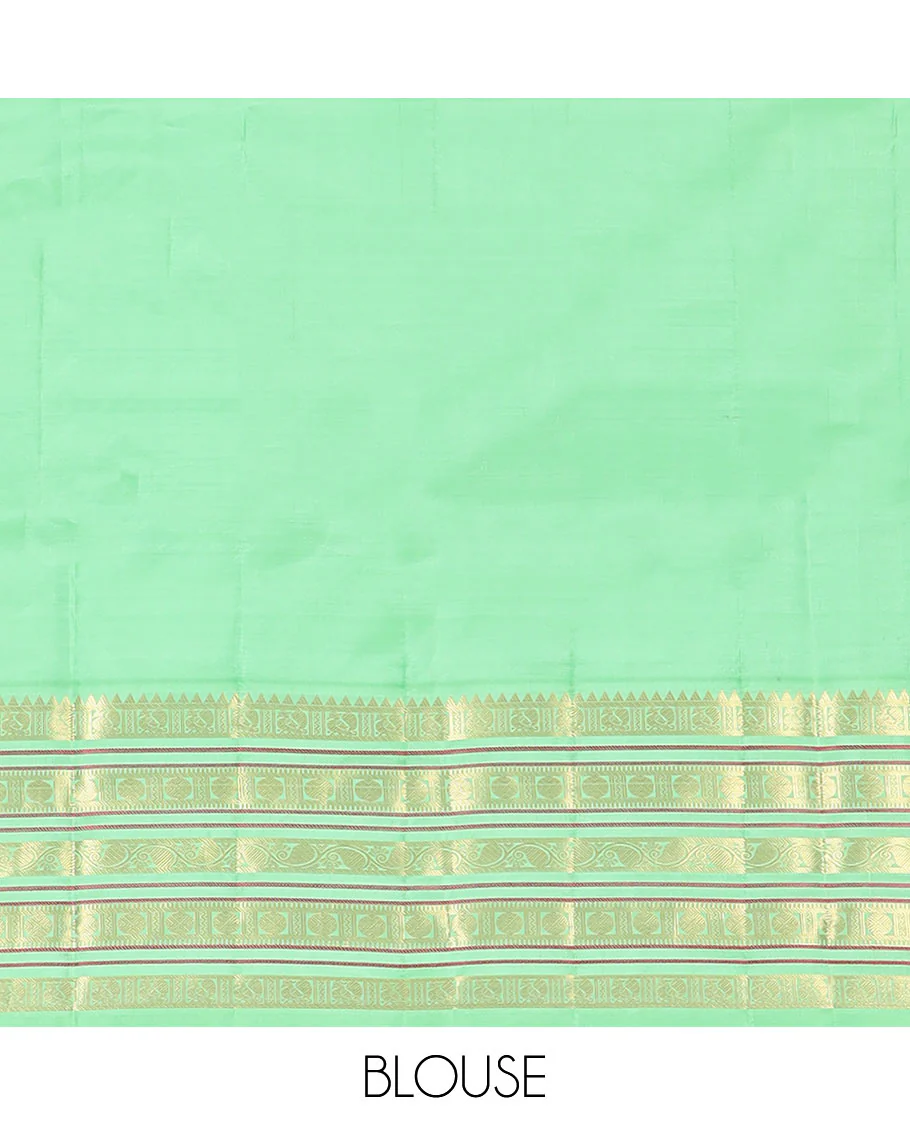 Red Vasundhara Silk Saree Subtly Woven with Zari Buttas, Complemented by a Contrast Varisai Pettu Border of Rekku, Mayil, Rudraksham, and Manga Designs, Pallu Adorned with Traditional Designs, and Paired with a Contrast Zari-Bordered Blouse - Image 6