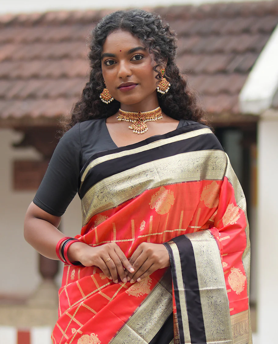 Reddish Orange Budget Silk Saree, Adorned with Jhumka Butta Enclosed Checks, Contrast Traditional Zari Rettai Pettu Border, Grand Pallu, and a Contrast Blouse - Image 3