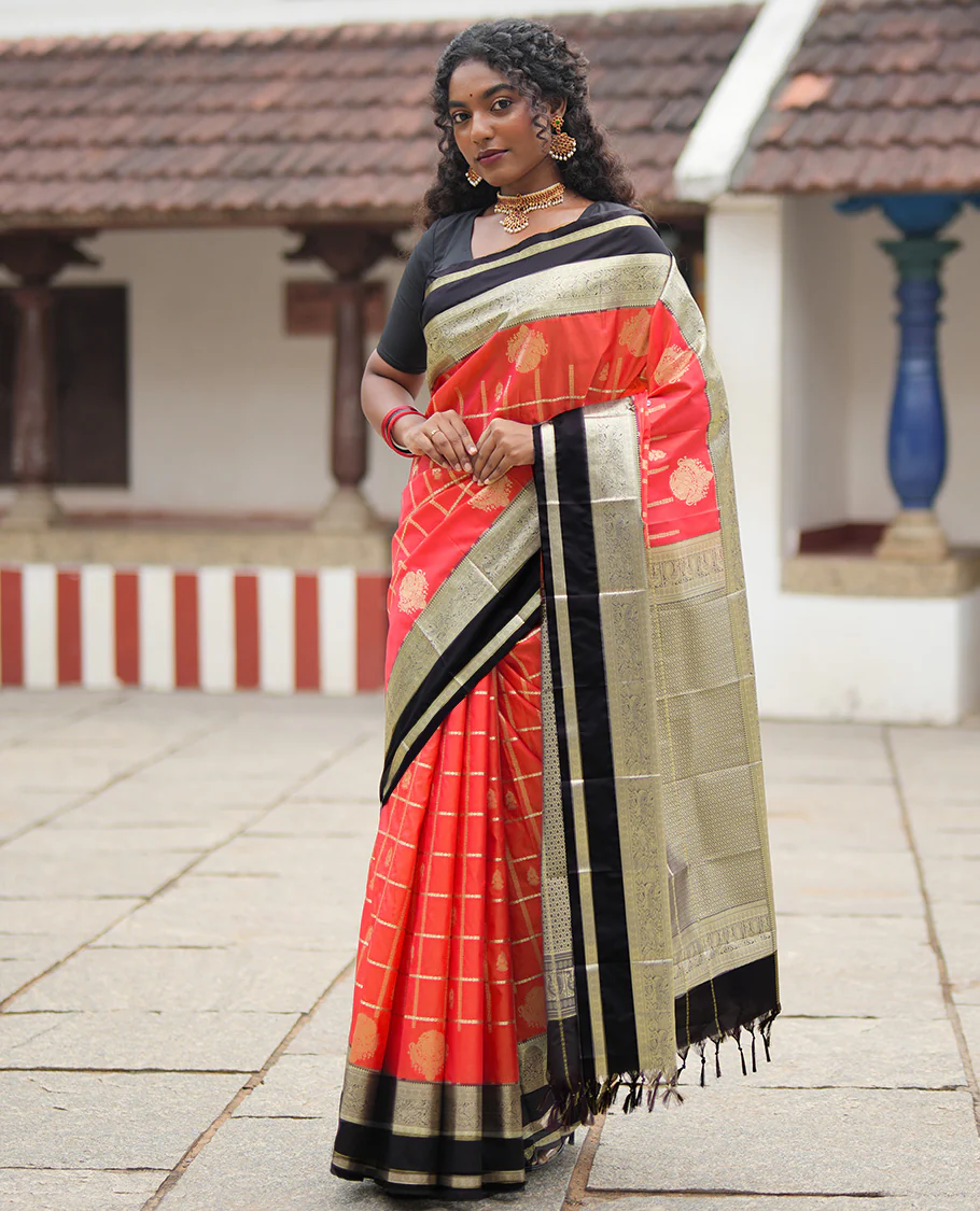 Reddish Orange Budget Silk Saree, Adorned with Jhumka Butta Enclosed Checks, Contrast Traditional Zari Rettai Pettu Border, Grand Pallu, and a Contrast Blouse - Image 4