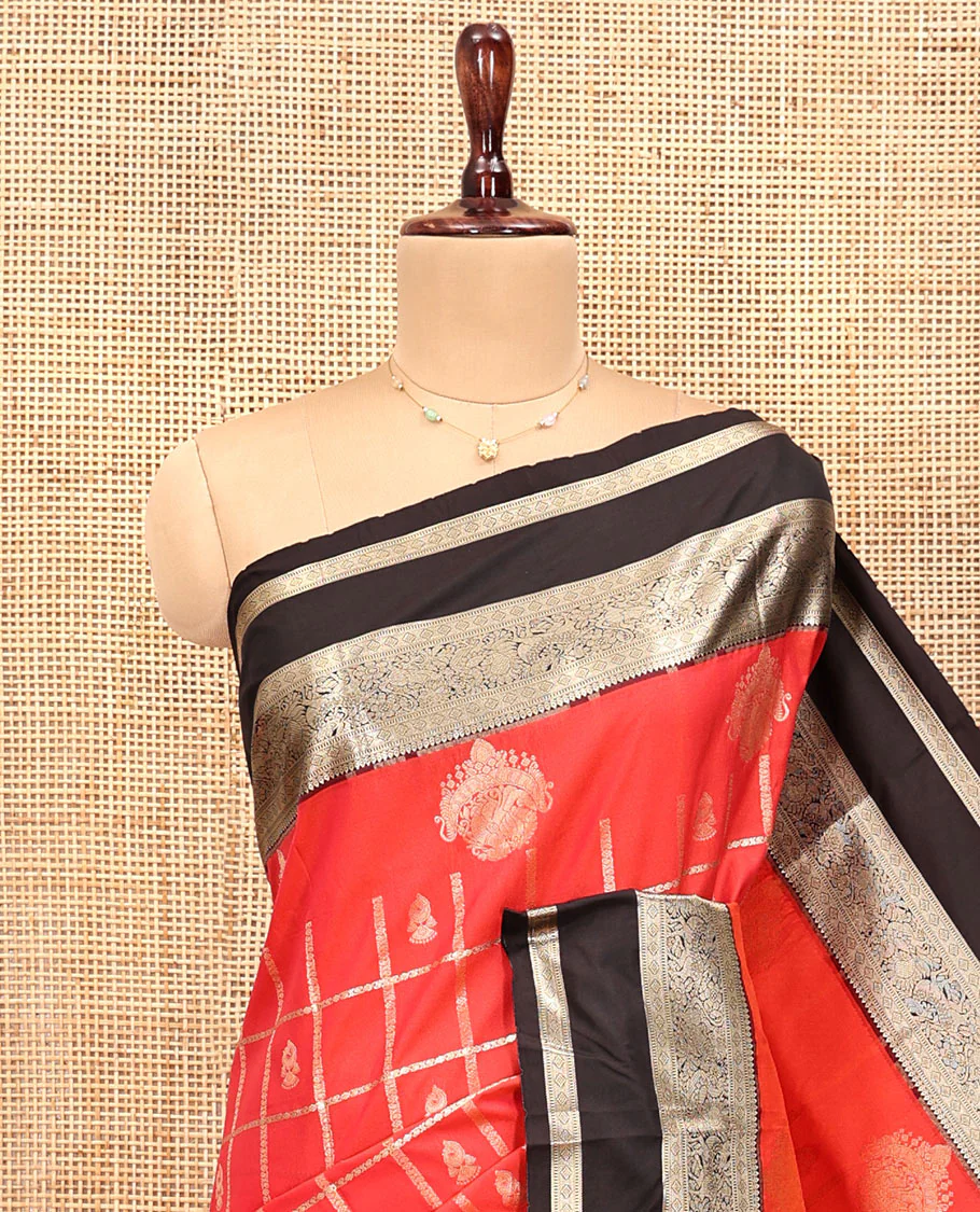 Reddish Orange Budget Silk Saree, Adorned with Jhumka Butta Enclosed Checks, Contrast Traditional Zari Rettai Pettu Border, Grand Pallu, and a Contrast Blouse - Image 6