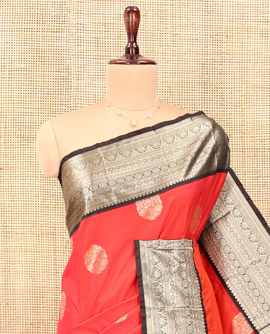 Reddish Orange Budget Silk Saree,Enriched with Floral Zari Buttas,Complemented by a Contrast Traditional Zari Design Border,Grand Pallu, and a Contrast Blouse - Image 4