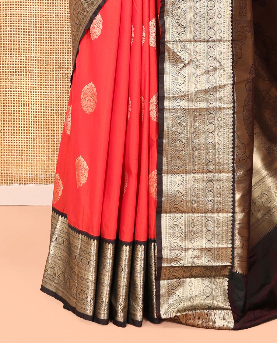 Reddish Orange Budget Silk Saree,Enriched with Floral Zari Buttas,Complemented by a Contrast Traditional Zari Design Border,Grand Pallu, and a Contrast Blouse - Image 5