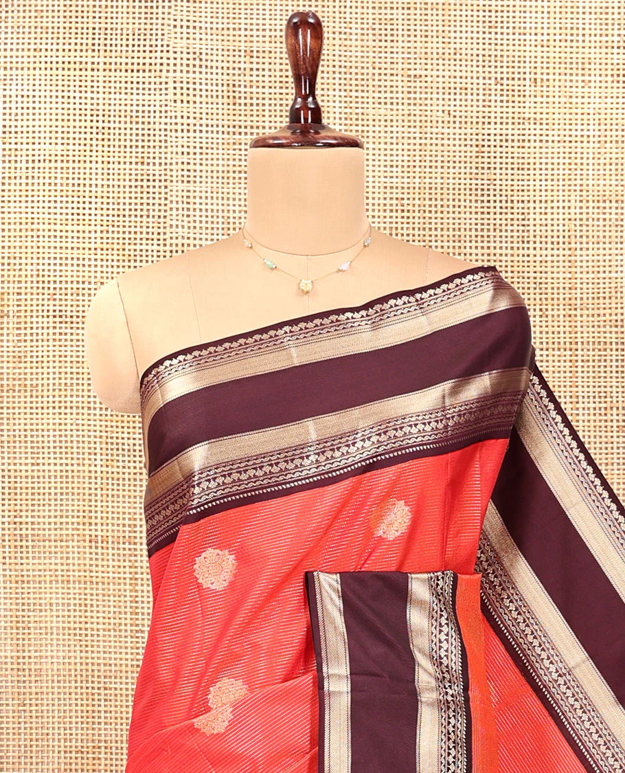 Reddish Orange-Coffee Brown Budget Silk Saree features Buttas and Vaira Oosi,Contrast Traditional Zari Rettai Pettu Border,Grand Pallu,and Contrast Blouse - Image 4
