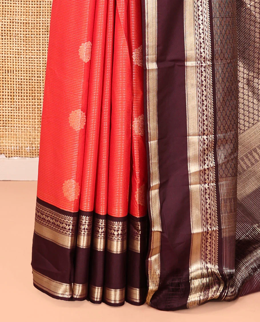 Reddish Orange-Coffee Brown Budget Silk Saree features Buttas and Vaira Oosi,Contrast Traditional Zari Rettai Pettu Border,Grand Pallu,and Contrast Blouse - Image 5