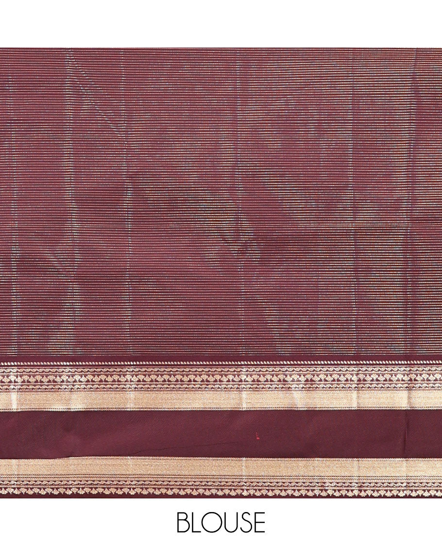 Reddish Orange-Coffee Brown Budget Silk Saree features Buttas and Vaira Oosi,Contrast Traditional Zari Rettai Pettu Border,Grand Pallu,and Contrast Blouse - Image 6