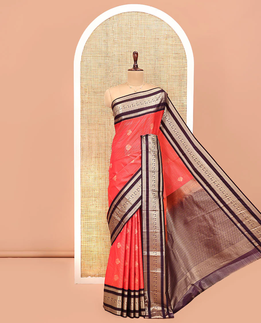 Reddish Orange-Coffee Brown Budget Silk Saree Features Vaira Oosi and Zari Buttas, Contrast Traditional Peacock Border, Jaal Pallu, and a Contrast Blouse - Image 3
