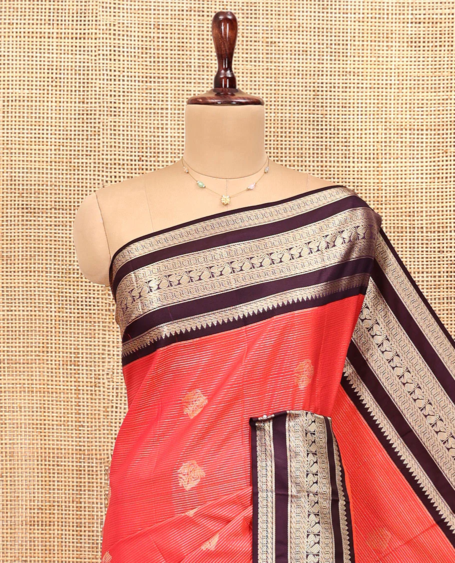 Reddish Orange-Coffee Brown Budget Silk Saree Features Vaira Oosi and Zari Buttas, Contrast Traditional Peacock Border, Jaal Pallu, and a Contrast Blouse - Image 4