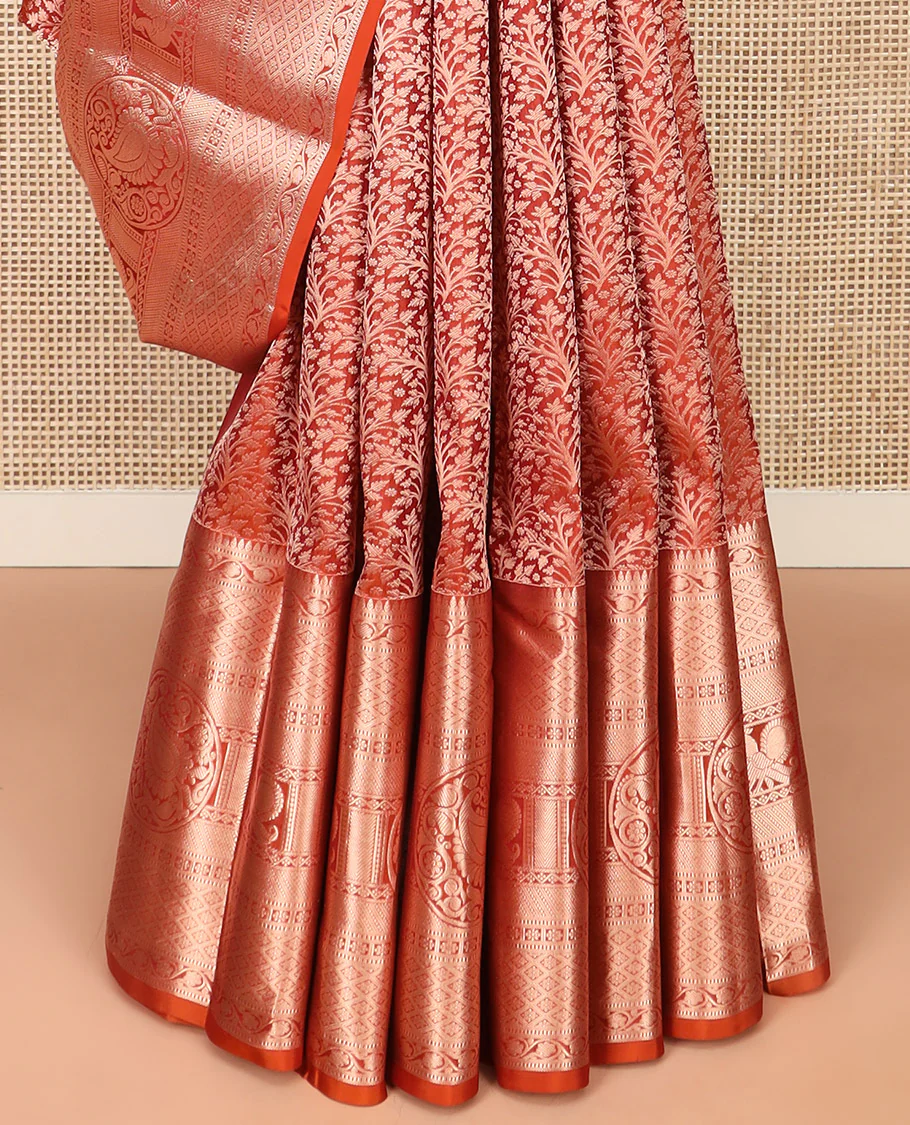 Rust Orange Kanchipuram Silk Saree Elegantly Designed with Jacquard Design, Highlighted with Zari Border of Thilakam, Muthu, Kodi Visiry, Jaal, Manga, and Mayil Designs, Majestically Detailed Pallu, and Paired with a Matching Blouse - Image 4