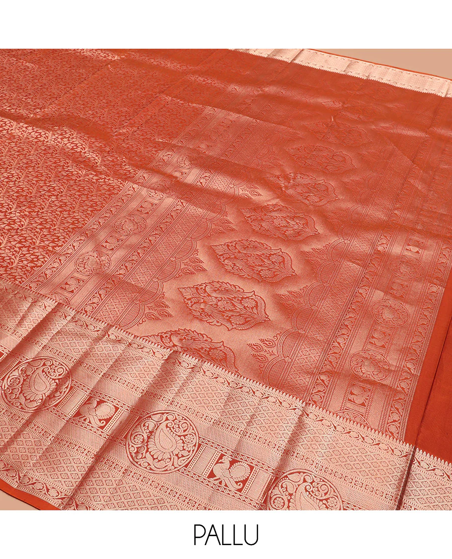 Rust Orange Kanchipuram Silk Saree Elegantly Designed with Jacquard Design, Highlighted with Zari Border of Thilakam, Muthu, Kodi Visiry, Jaal, Manga, and Mayil Designs, Majestically Detailed Pallu, and Paired with a Matching Blouse - Image 5