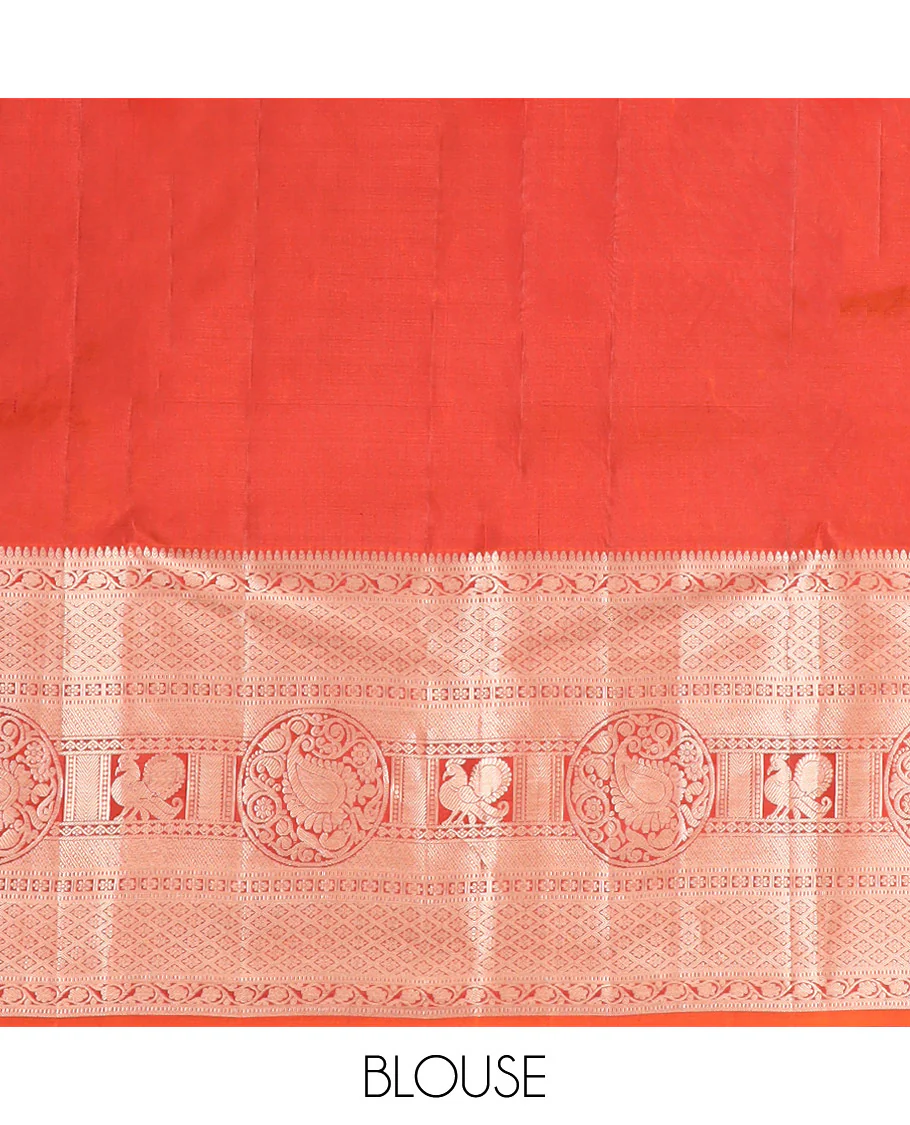 Rust Orange Kanchipuram Silk Saree Elegantly Designed with Jacquard Design, Highlighted with Zari Border of Thilakam, Muthu, Kodi Visiry, Jaal, Manga, and Mayil Designs, Majestically Detailed Pallu, and Paired with a Matching Blouse - Image 6