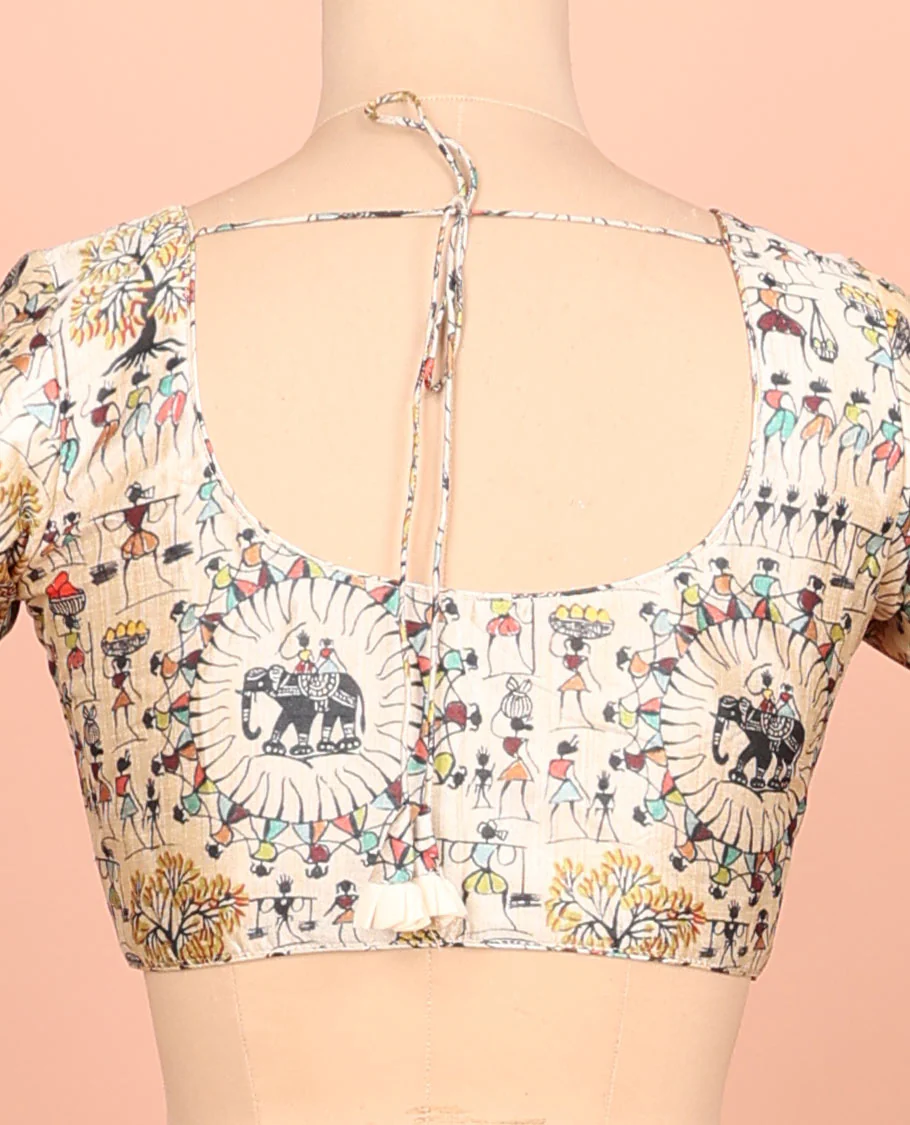 Sandal warli-village printed front-back round-neck elbow sleeve readymade blouse - Image 4