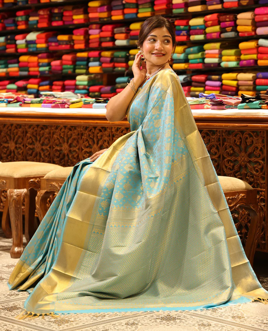 Sky Blue Budget Silk Saree, Enriched with Zari Buttas All Over Its Body, Highlighted by Traditional Zari Designs Woven Border, Grand Pallu, Paired with a Matching Blouse - Inspired by Trisha Blue Saree - Image 3