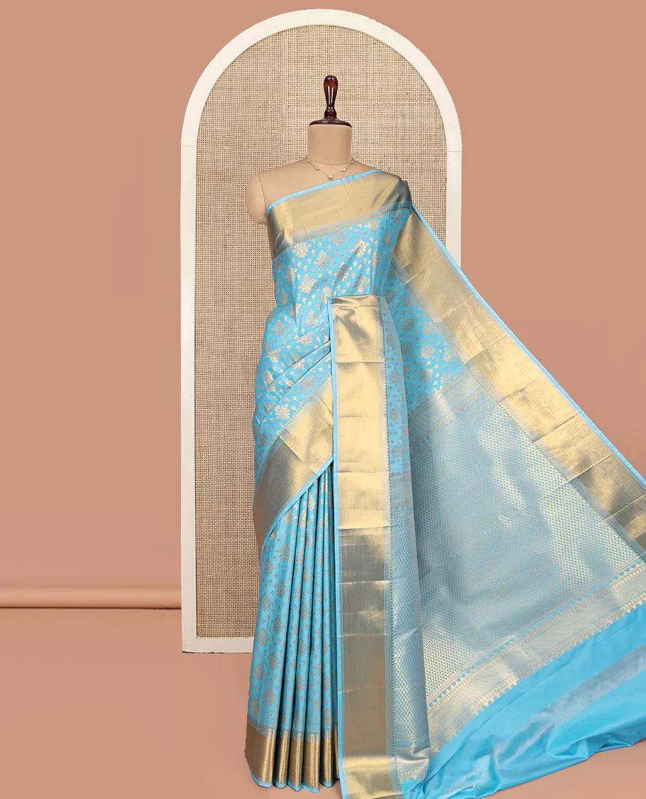 Sky Blue Budget Silk Saree, Enriched with Zari Buttas All Over Its Body, Highlighted by Traditional Zari Designs Woven Border, Grand Pallu, Paired with a Matching Blouse - Inspired by Trisha Blue Saree - Image 4