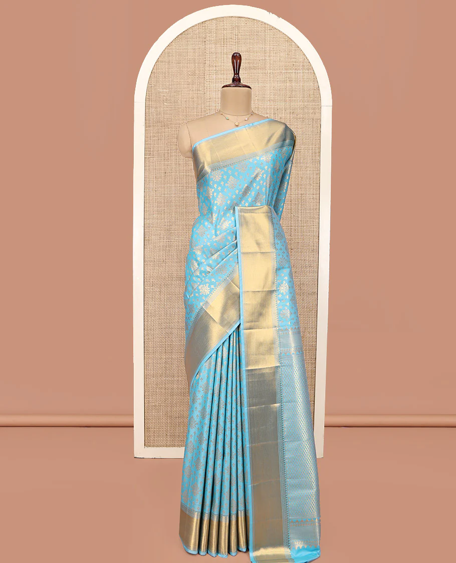 Sky Blue Budget Silk Saree, Enriched with Zari Buttas All Over Its Body, Highlighted by Traditional Zari Designs Woven Border, Grand Pallu, Paired with a Matching Blouse - Inspired by Trisha Blue Saree - Image 5