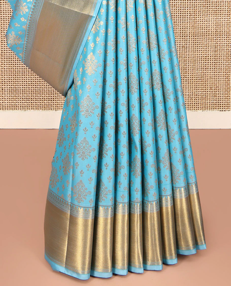 Sky Blue Budget Silk Saree, Enriched with Zari Buttas All Over Its Body, Highlighted by Traditional Zari Designs Woven Border, Grand Pallu, Paired with a Matching Blouse - Inspired by Trisha Blue Saree - Image 7