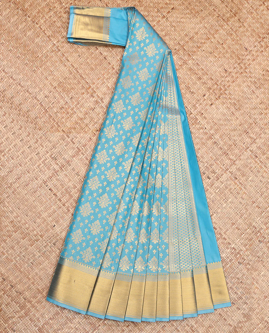 Sky Blue Budget Silk Saree, Enriched with Zari Buttas All Over Its Body, Highlighted by Traditional Zari Designs Woven Border, Grand Pallu, Paired with a Matching Blouse - Inspired by Trisha Blue Saree - Image 9