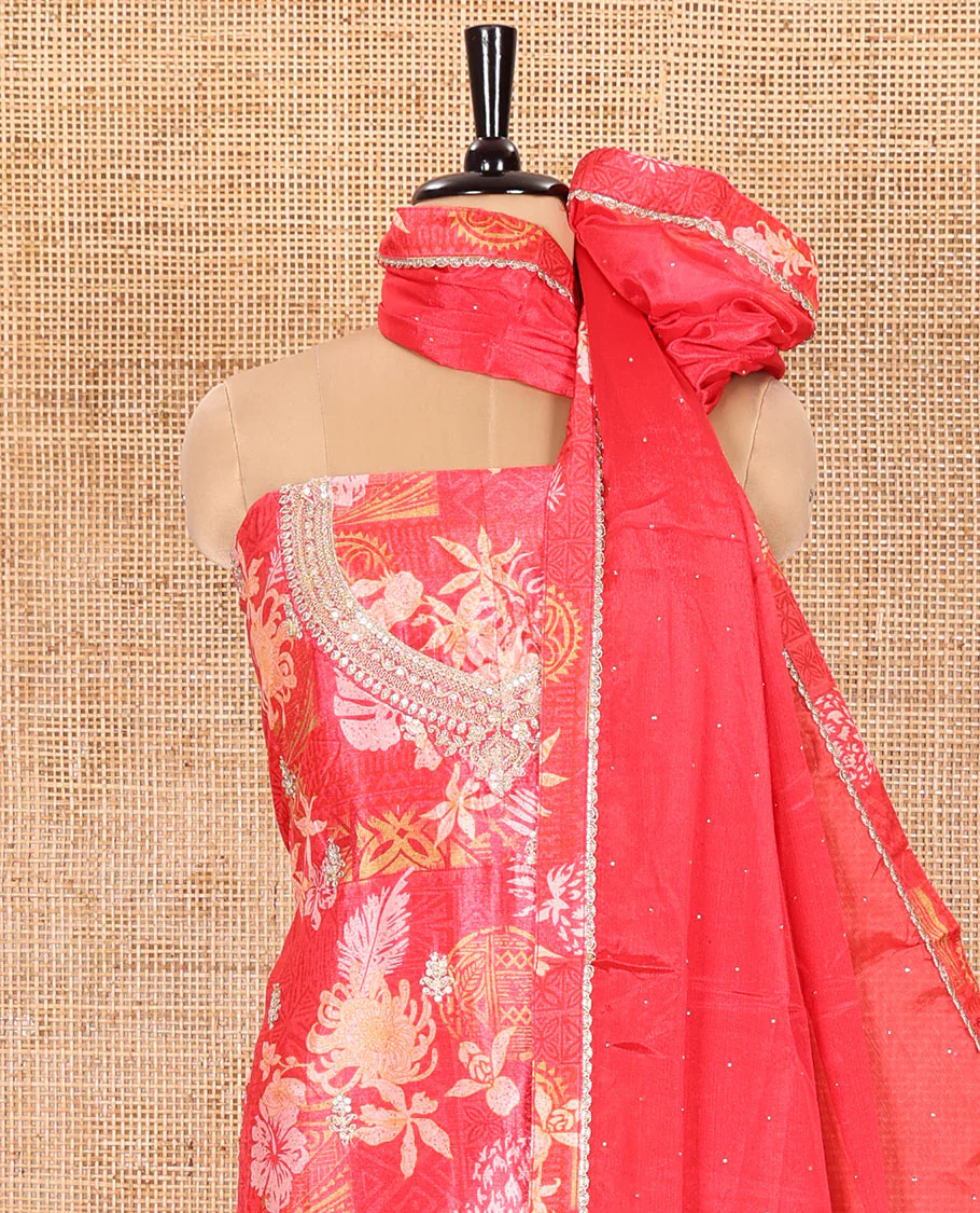 Tomato Pink Material Chudidar Set Decked Up with Floral-Geometric Printed with Neck Embroidered Chinon Top, Subtly Made Plain Santoon Bottom, and a Chinon Dupatta Featuring Printed Border, and Glitter Dots - Image 3
