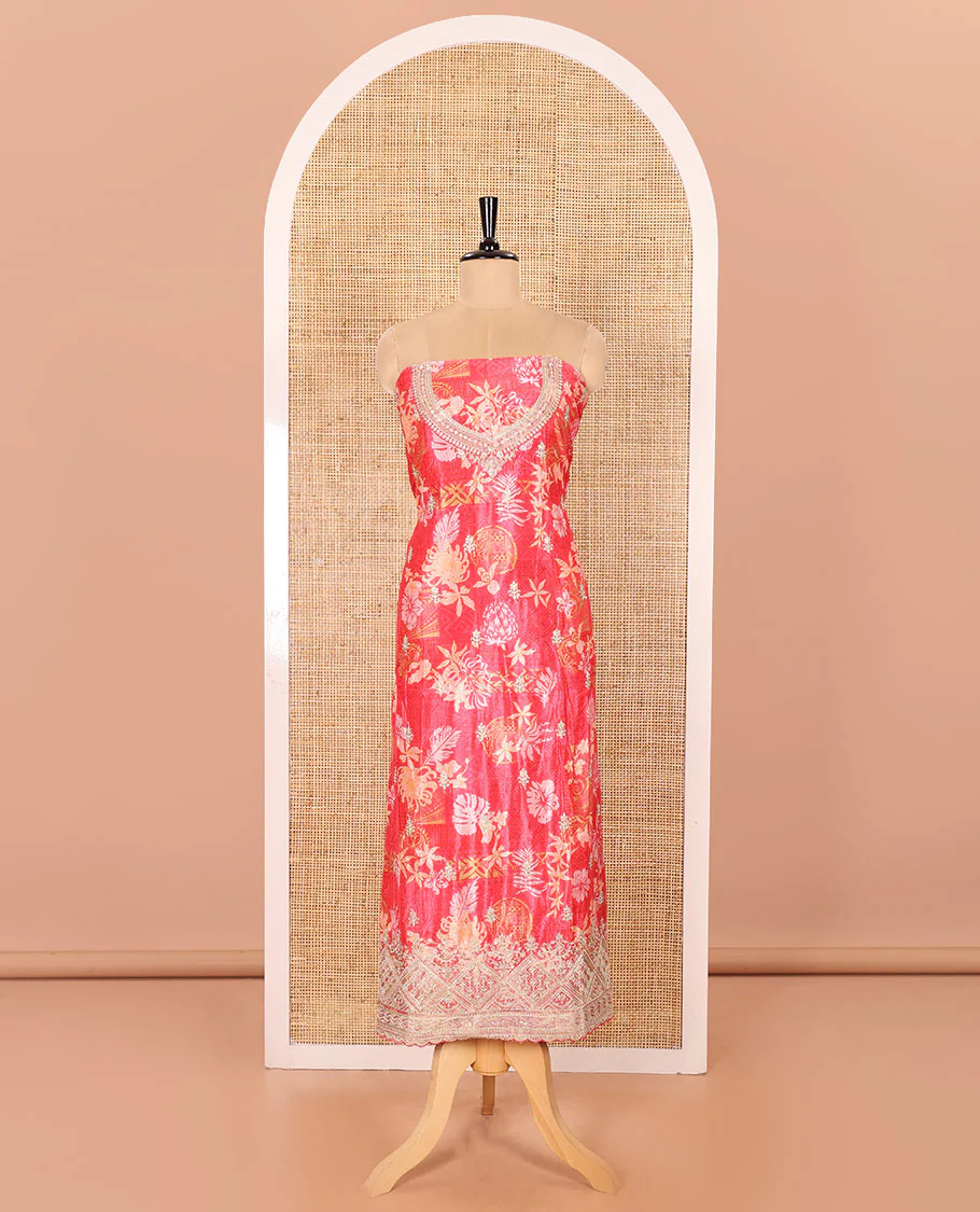 Tomato Pink Material Chudidar Set Decked Up with Floral-Geometric Printed with Neck Embroidered Chinon Top, Subtly Made Plain Santoon Bottom, and a Chinon Dupatta Featuring Printed Border, and Glitter Dots - Image 4