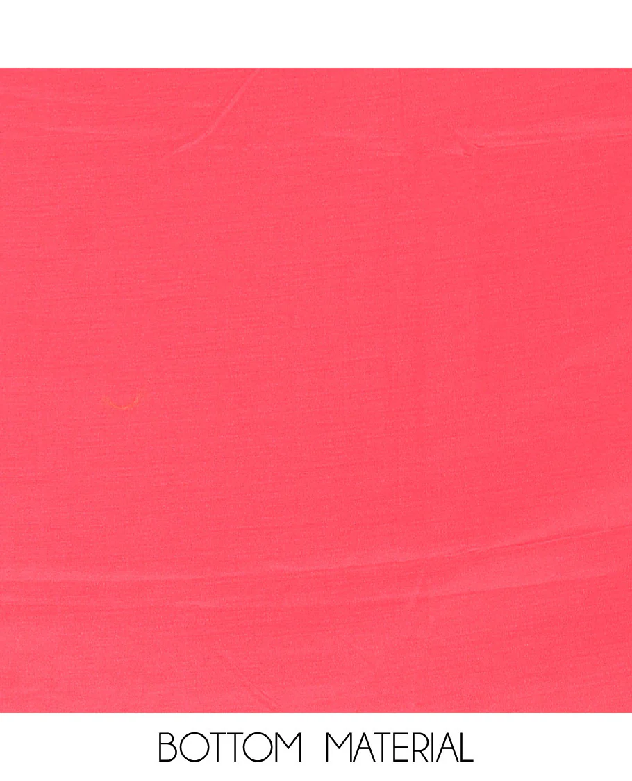 Tomato Pink Material Chudidar Set Decked Up with Floral-Geometric Printed with Neck Embroidered Chinon Top, Subtly Made Plain Santoon Bottom, and a Chinon Dupatta Featuring Printed Border, and Glitter Dots - Image 5