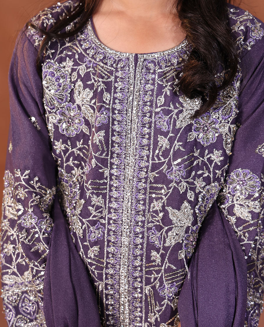 Violet Readymade Suit Featuring an Intricately Floral Embroidered Round-Necked 3/4th Sleeve Top, Floral-Embroidered Sharara Pants, and a Matching Dupatta - Image 3