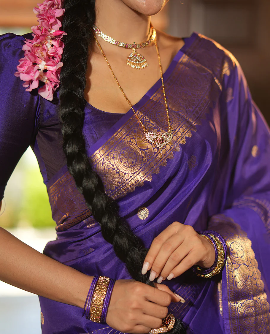 Violet Vasundhara Lite Silk Mix Saree, Artfully Detailed with Mayil-Chakram Buttas and Zari Checks All Over Its Body, Highlighted by a Zari Border of Thazampoo Rekkum, Paisa, Mayil, and Chakram Designs, a Grand Pallu, and Paired with a Matching Blouse - Image 3