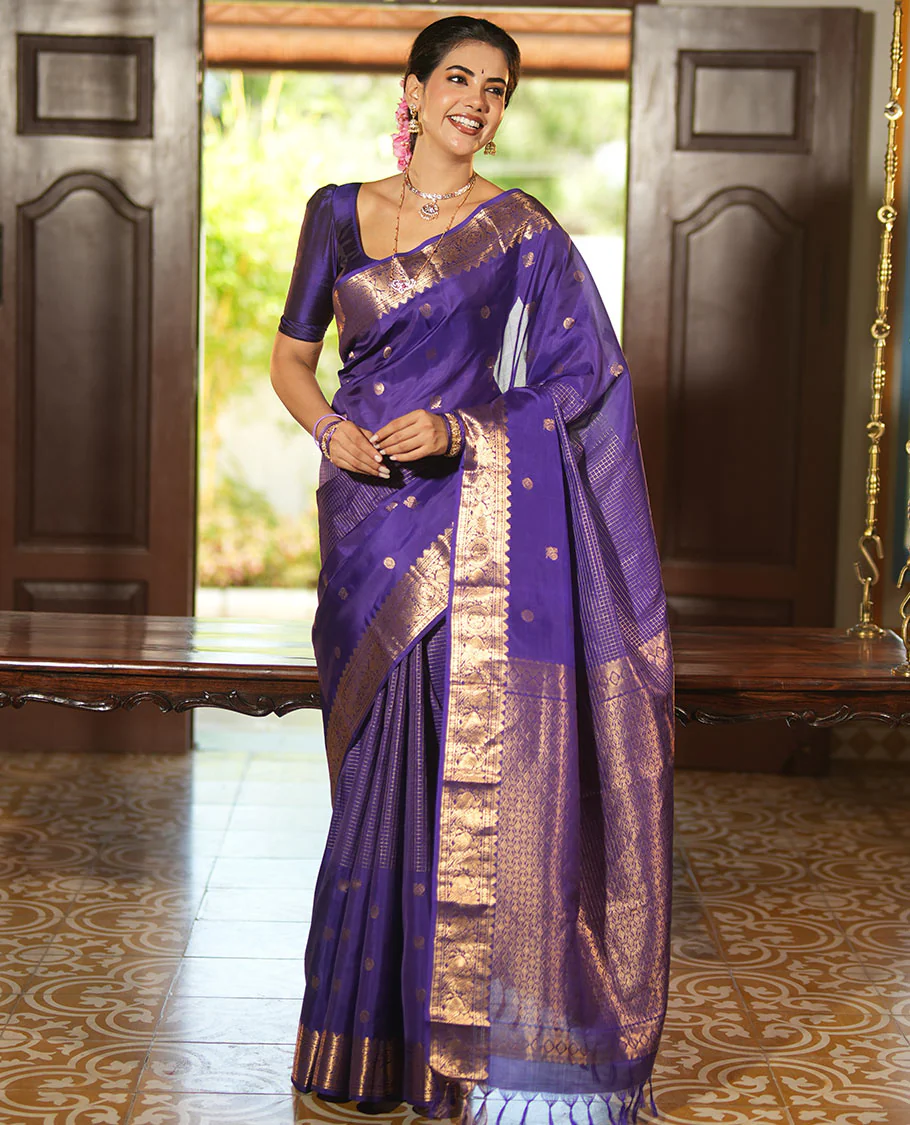 Violet Vasundhara Lite Silk Mix Saree, Artfully Detailed with Mayil-Chakram Buttas and Zari Checks All Over Its Body, Highlighted by a Zari Border of Thazampoo Rekkum, Paisa, Mayil, and Chakram Designs, a Grand Pallu, and Paired with a Matching Blouse - Image 4