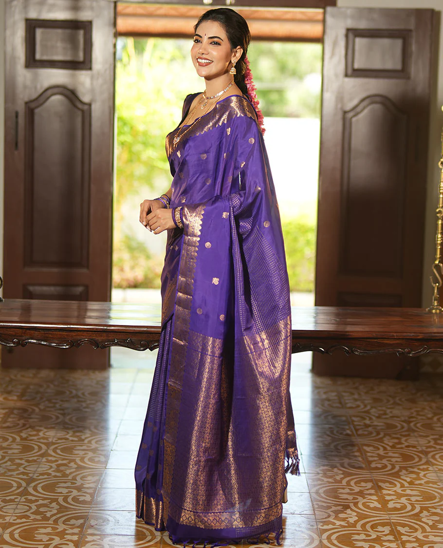 Violet Vasundhara Lite Silk Mix Saree, Artfully Detailed with Mayil-Chakram Buttas and Zari Checks All Over Its Body, Highlighted by a Zari Border of Thazampoo Rekkum, Paisa, Mayil, and Chakram Designs, a Grand Pallu, and Paired with a Matching Blouse - Image 6
