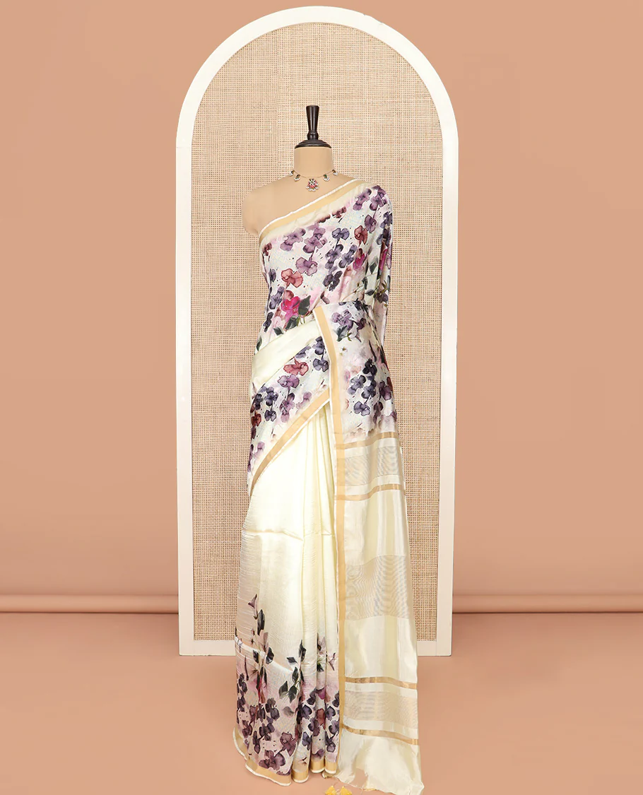 White Banana Pith Saree Mesmerized with Floral Motifs Print, Zari Bavanji Border, Subtle Pallu of Zari Stripes, and Paired with a Contrast Floral Printed Blouse - Image 3