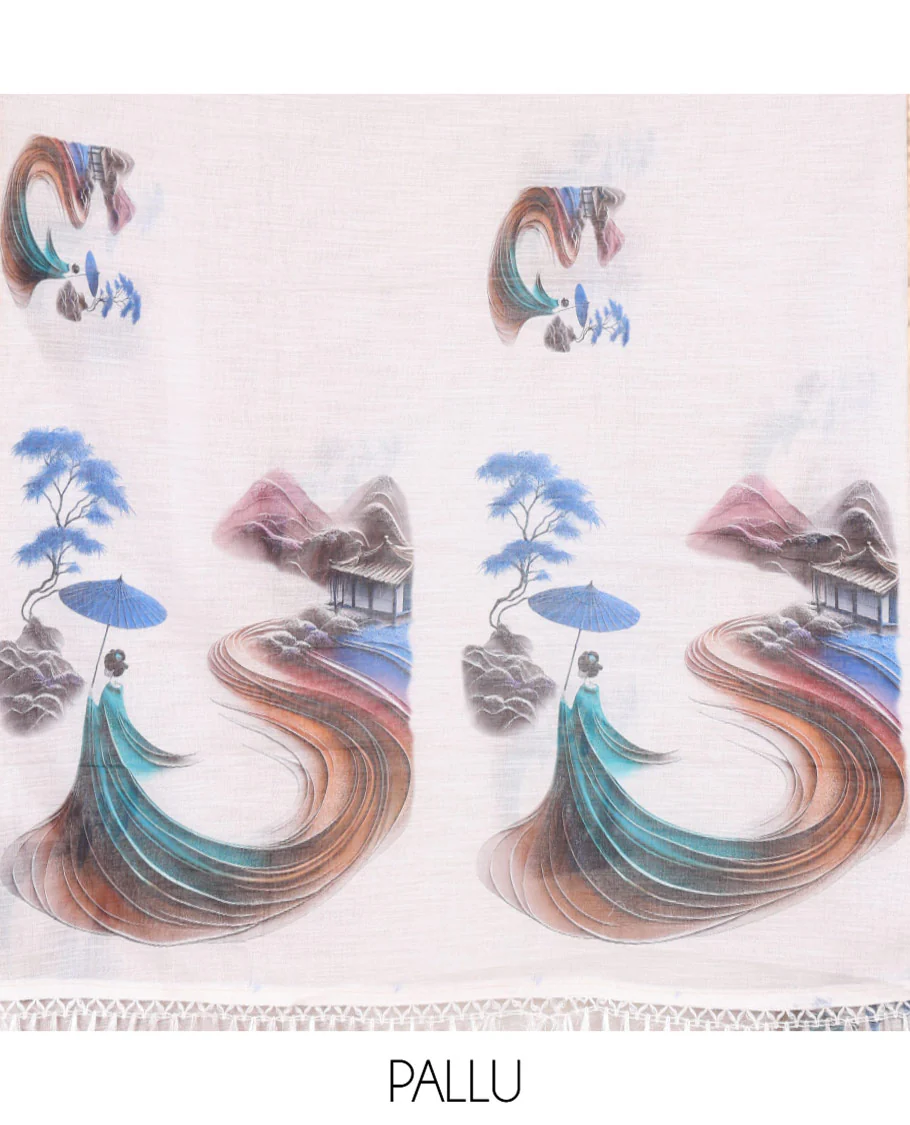 White Linen Cotton Saree Features Chinese Women Motifs Printed on Its Body, and Pallu, Subtle Piping Border, and Paired with a Matching Blouse - Image 3