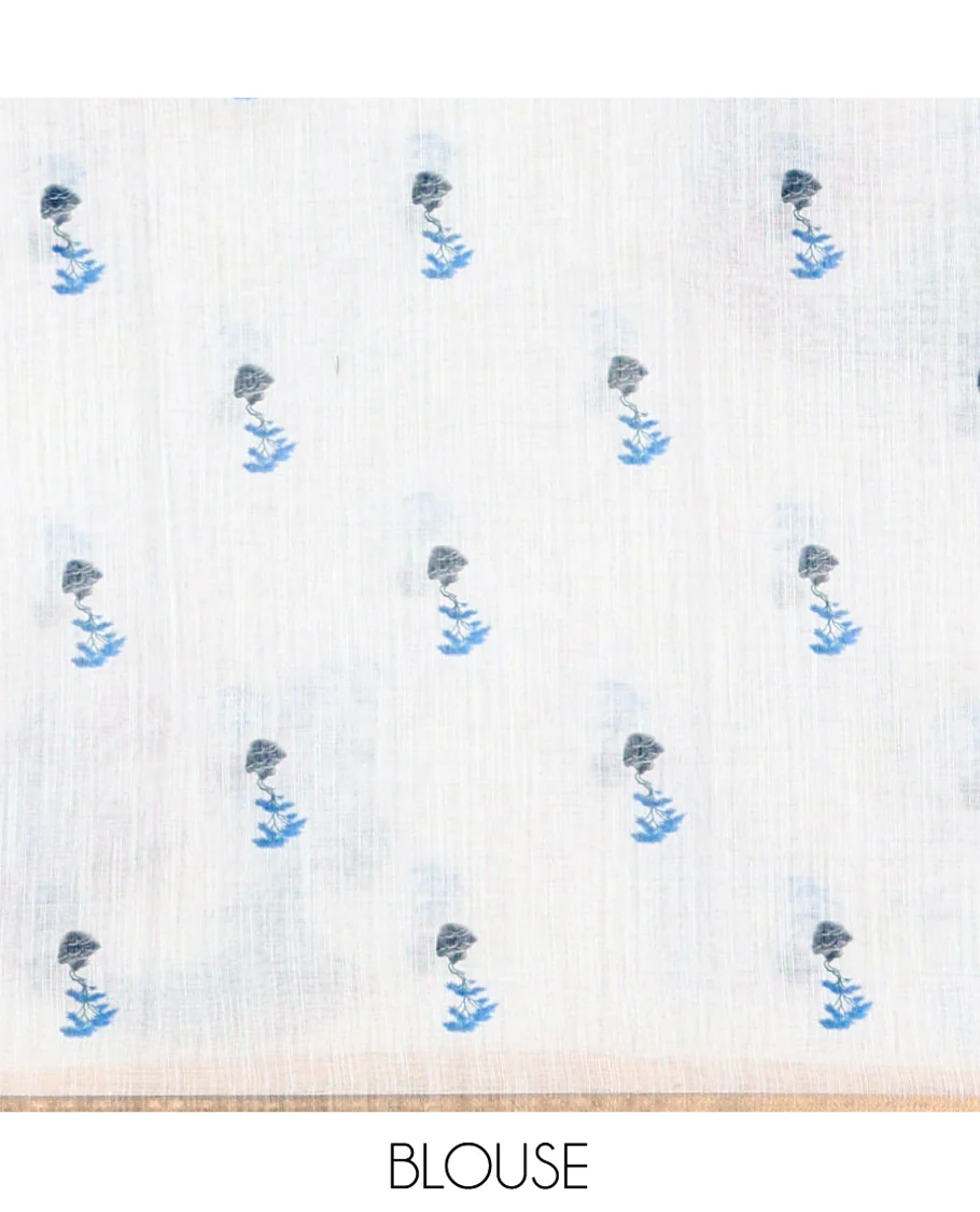 White Linen Cotton Saree Features Chinese Women Motifs Printed on Its Body, and Pallu, Subtle Piping Border, and Paired with a Matching Blouse - Image 4