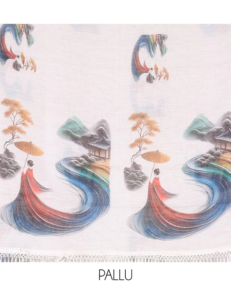 White Linen Cotton Saree Showcasing Chinese Women Motifs Printed on Its Body, and Pallu, Subtle Piping Border, and Paired with a Matching Blouse - Image 3