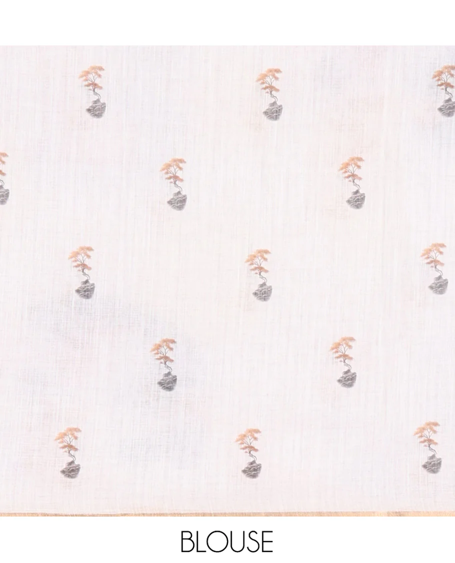 White Linen Cotton Saree Showcasing Chinese Women Motifs Printed on Its Body, and Pallu, Subtle Piping Border, and Paired with a Matching Blouse - Image 4